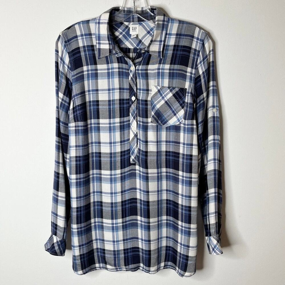 Gap Maternity Womens 1/2 Button Pullover Shirt XS Blue Plaid Lightweight Flannel - Picture 6 of 9